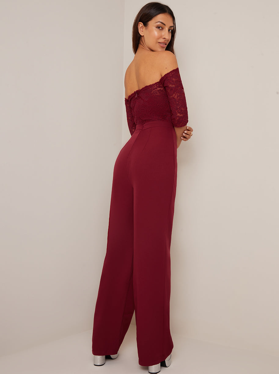 Bardot Embroidered Jumpsuit in Burgundy