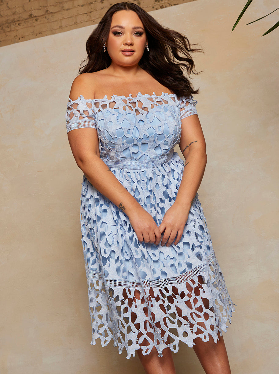 Plus Size Bardot Lace Midi Dress in Blue