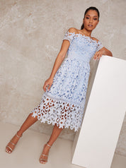 Petite Bardot Lace Midi Dress in Blue