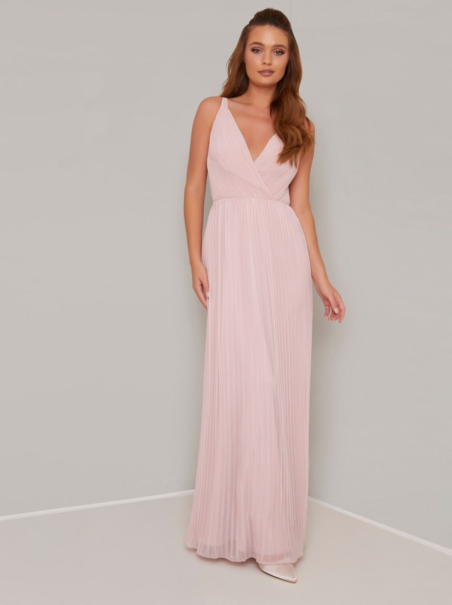 Wrap Bodice Pleat Maxi Dress in Pink