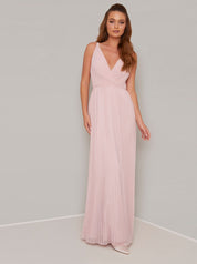 Wrap Bodice Pleat Maxi Dress in Pink