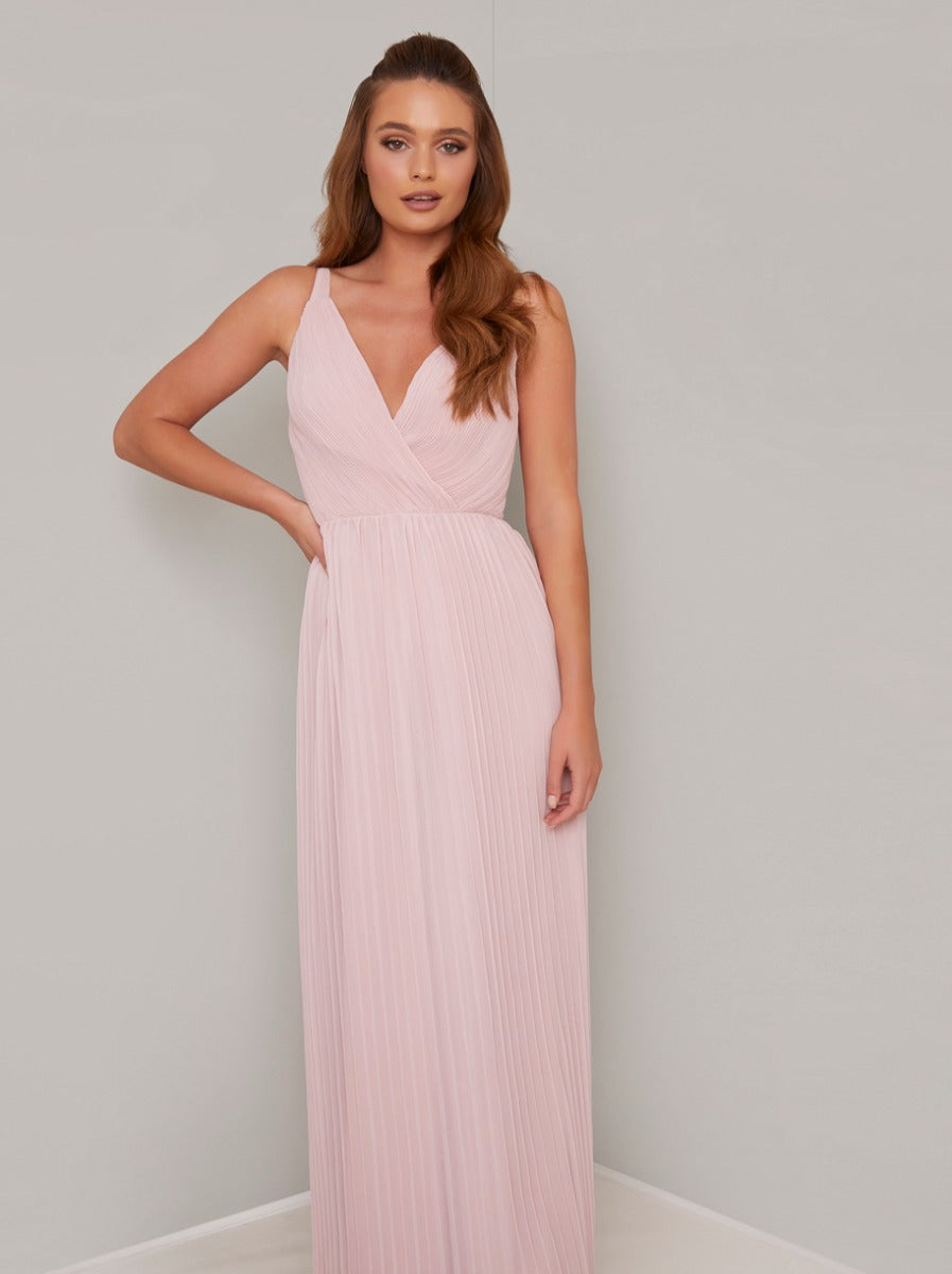 Wrap Bodice Pleat Maxi Dress in Pink