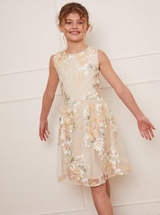 Older Girls Sleeveless Floral Embroidered Midi Dress in Cream