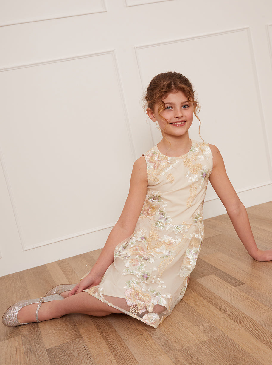 Older Girls Sleeveless Floral Embroidered Midi Dress in Cream