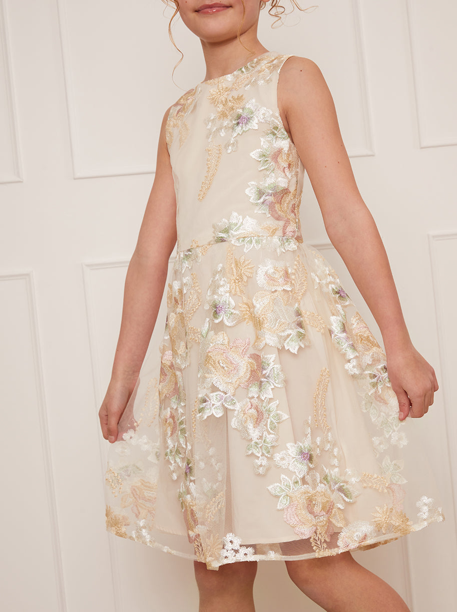 Older Girls Sleeveless Floral Embroidered Midi Dress in Cream