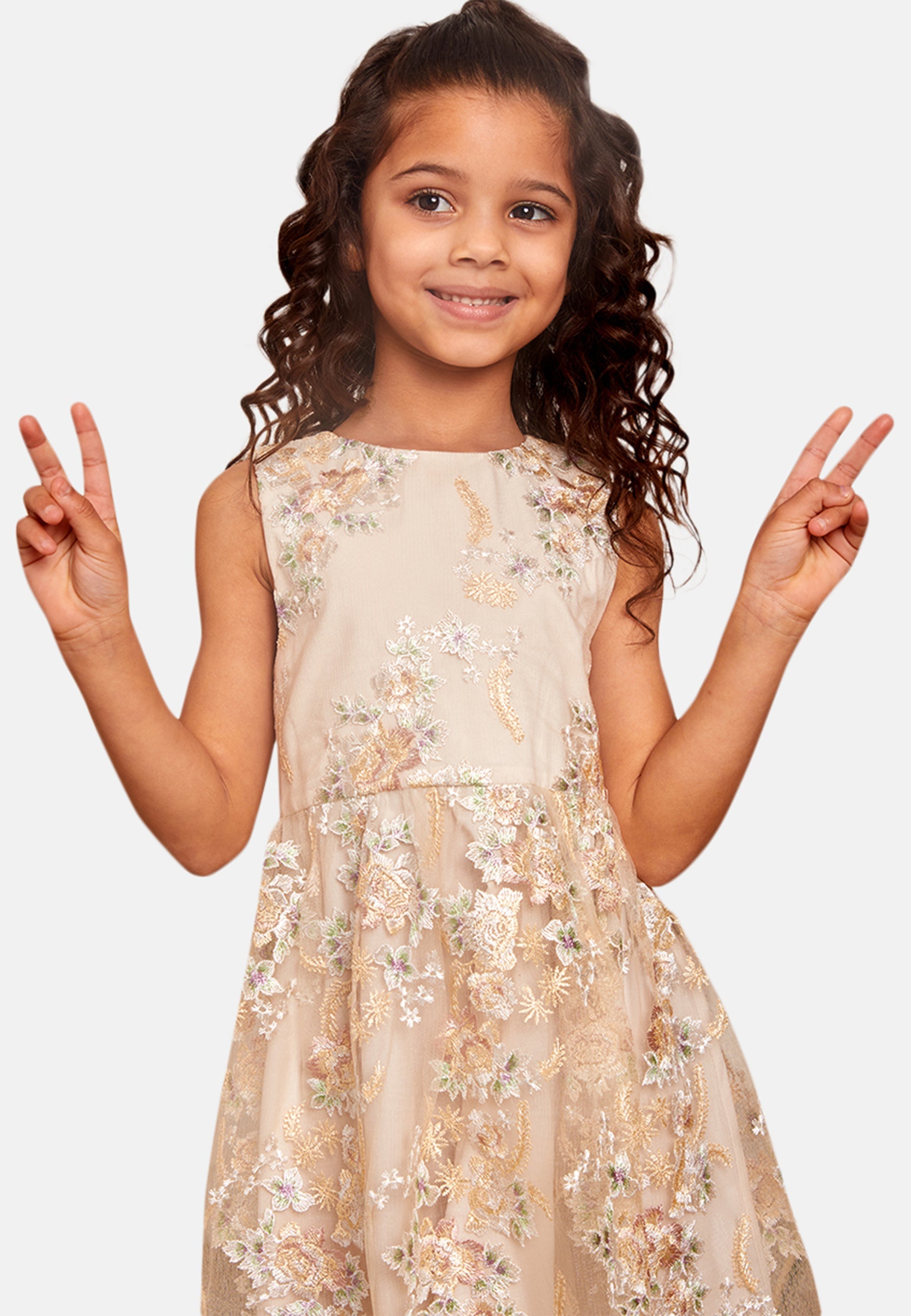 Older Girls Sleeveless Floral Embroidered Midi Dress in Cream