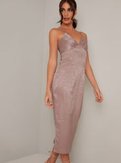 Printed Cami Strap Slip Midi Dress in Taupe