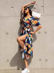Abstract Print Midi Wrap Day Dress with Short Sleeves in Blue