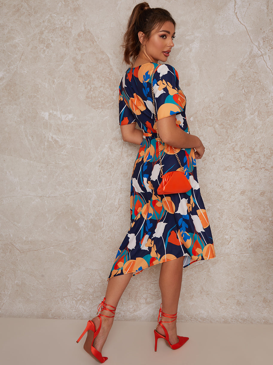 Abstract Print Midi Wrap Day Dress with Short Sleeves in Blue