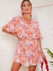V Neck Keyhole Back Floral Playsuit in Pink