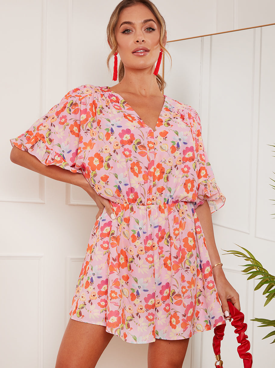 V Neck Keyhole Back Floral Playsuit in Pink