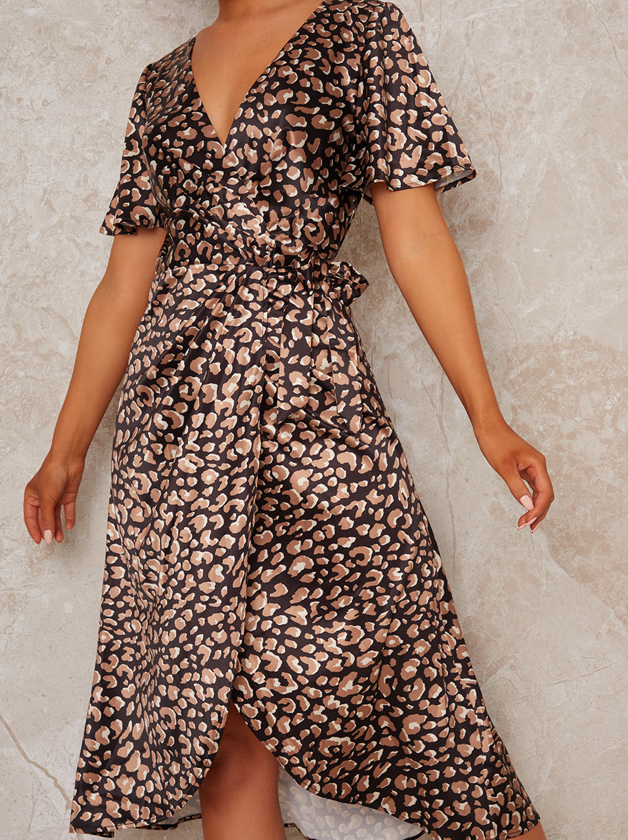 Wrap Short Sleeve Midi Dress in Black