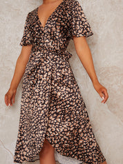 Wrap Short Sleeve Midi Dress in Black