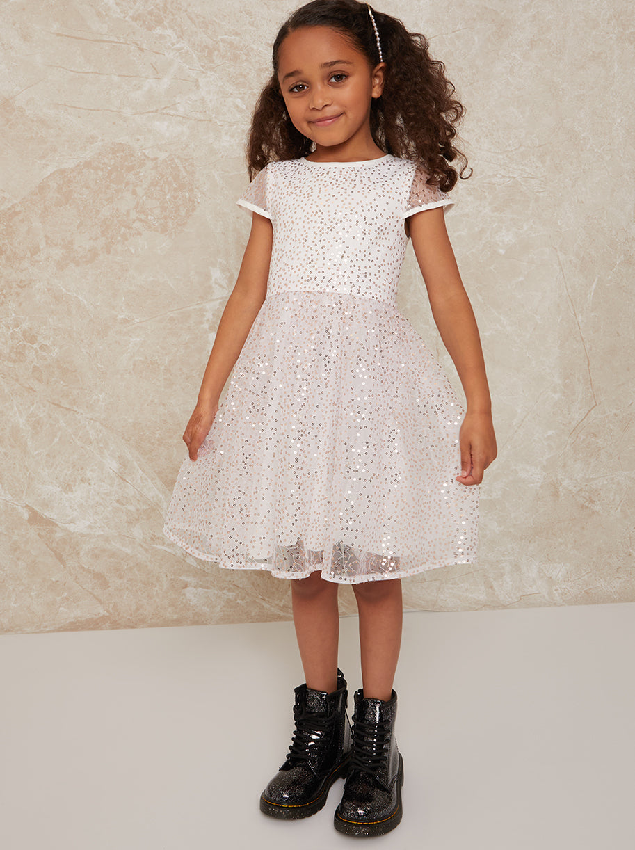 Girls Short Sleeve Sequin Midi Dress in White