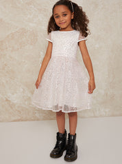 Girls Short Sleeve Sequin Midi Dress in White