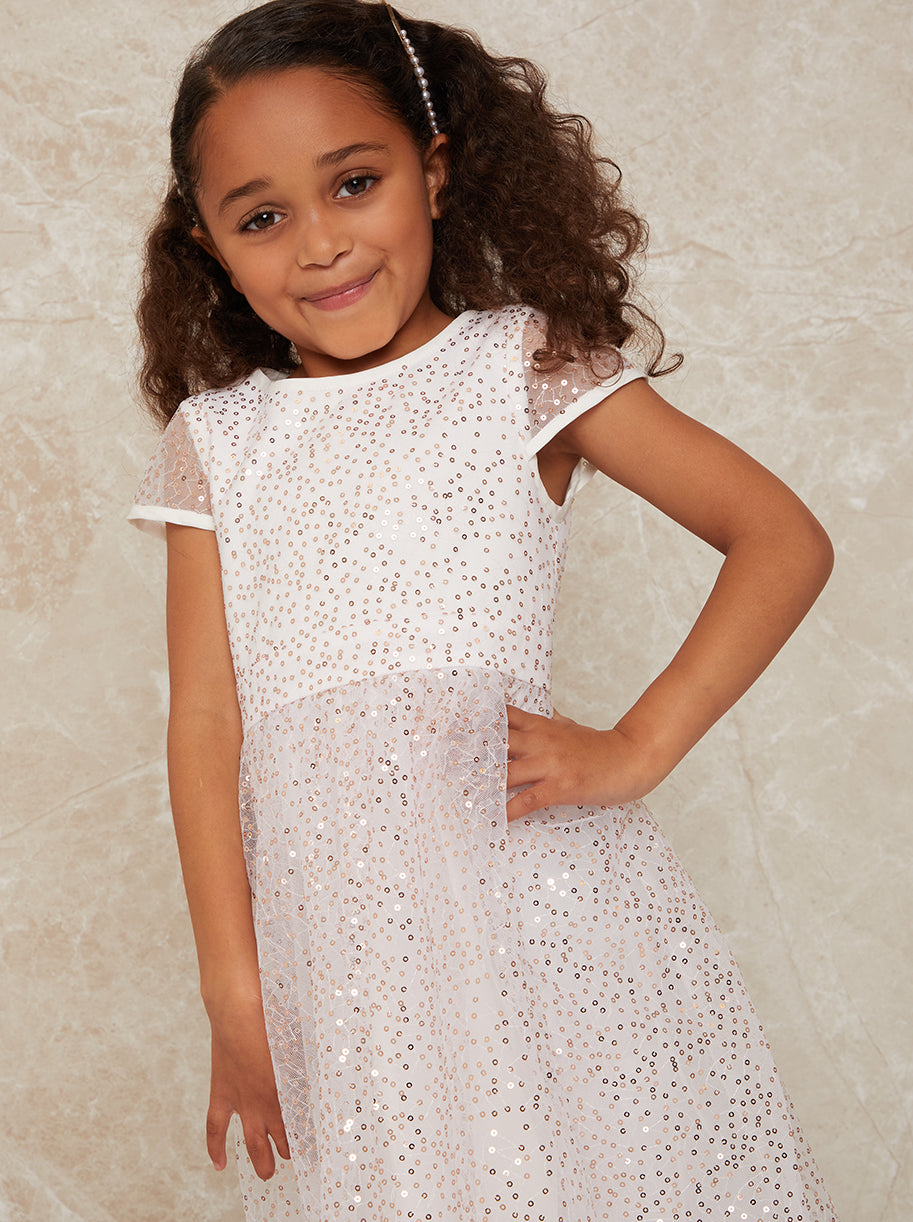 Girls Short Sleeve Sequin Midi Dress in White