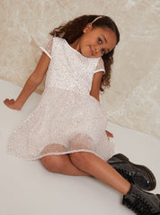 Girls Short Sleeve Sequin Midi Dress in White