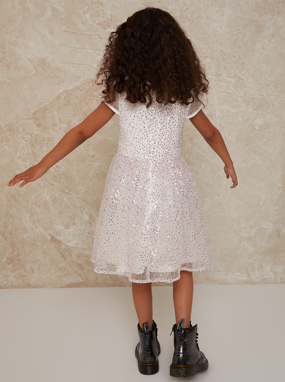 Girls Short Sleeve Sequin Midi Dress in White