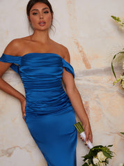 Satin Finish Bardot Dress in Blue