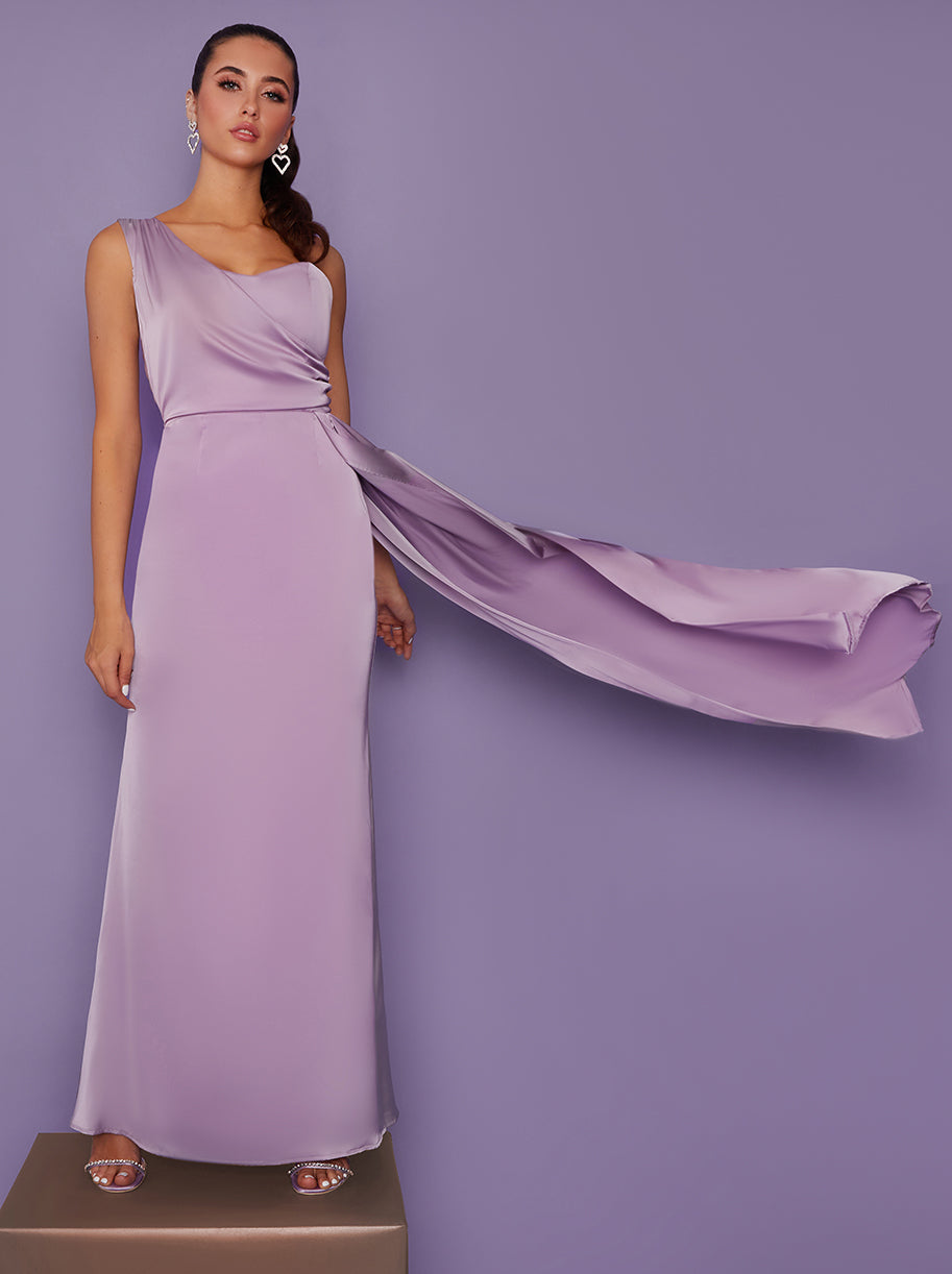 One Shoulder Satin Maxi Dress in Lilac