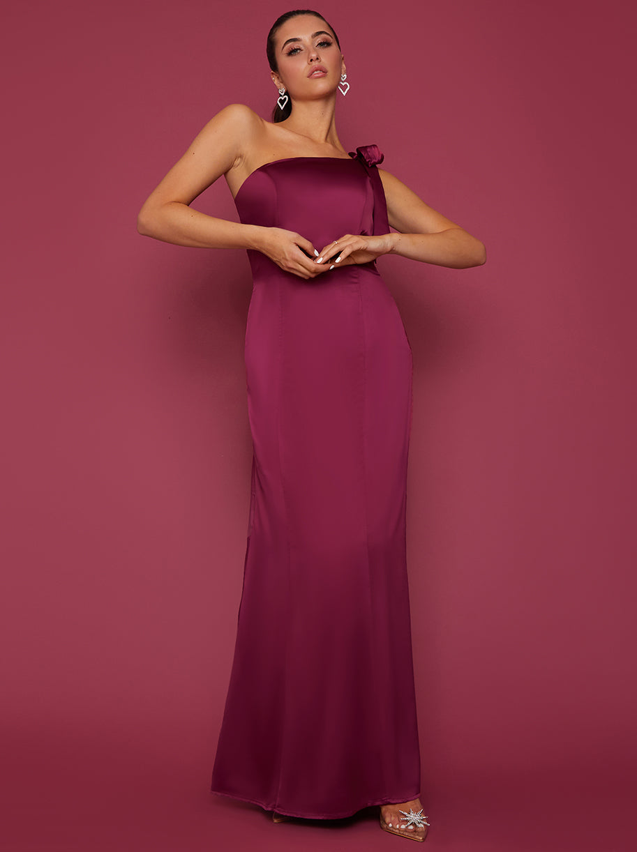 One-Shoulder Satin Maxi Dress in Wine