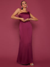 One-Shoulder Satin Maxi Dress in Wine