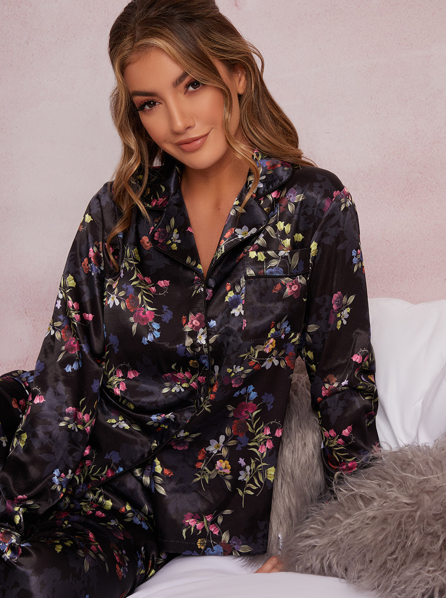 Long Sleeved Silky Floral Print Pyjama Set in Multi