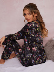 Long Sleeved Silky Floral Print Pyjama Set in Multi