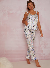 Ruffle Trim Graphic Print Pyjama Set in White