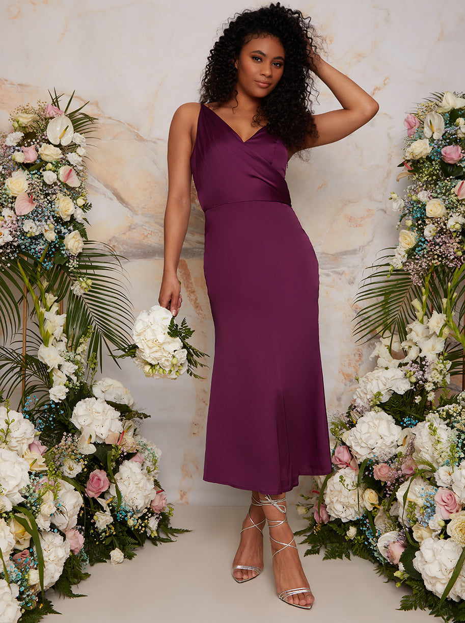 Draped Satin Midi Dress in Berry