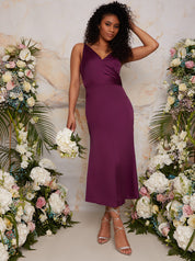 Draped Satin Midi Dress in Berry