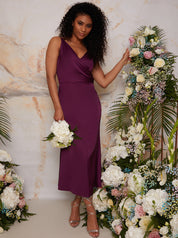 Draped Satin Midi Dress in Berry