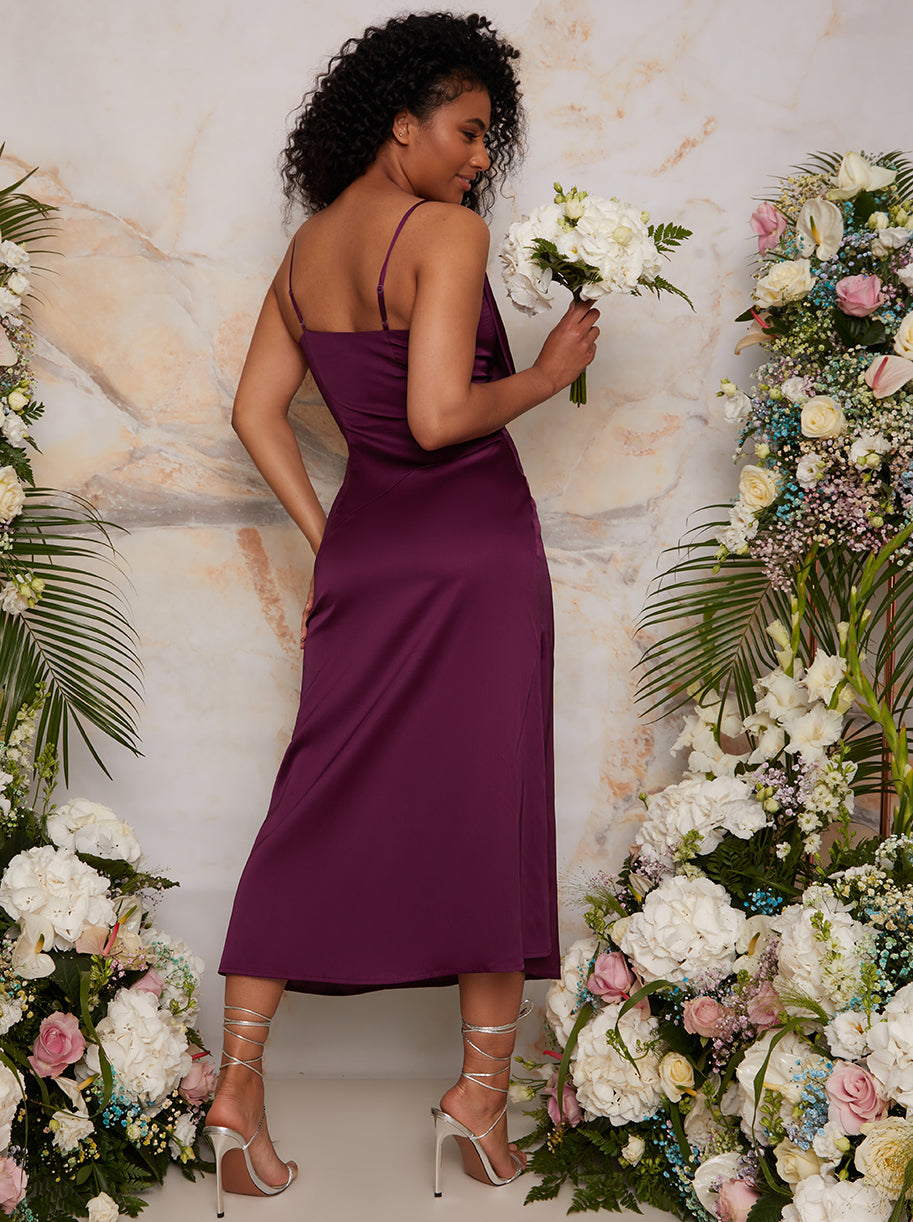 Draped Satin Midi Dress in Berry