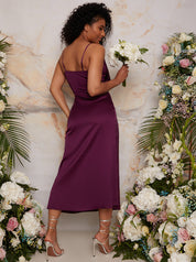 Draped Satin Midi Dress in Berry