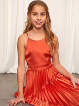 Older Girls Pleated Satin Flower Girl Dress in Rust