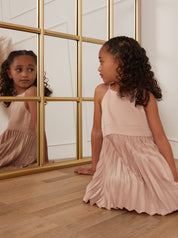 Younger Girls Pleated Satin Flower Girl Dress in Champagne