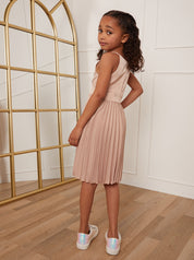 Younger Girls Pleated Satin Flower Girl Dress in Champagne