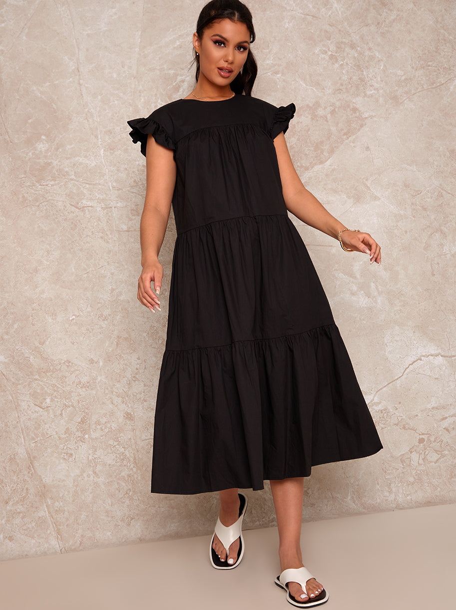 Ruffle Detail Tiered Smock Midi Dress in Black