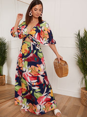 Petite Cut-Out Floral Print Maxi Dress in Navy