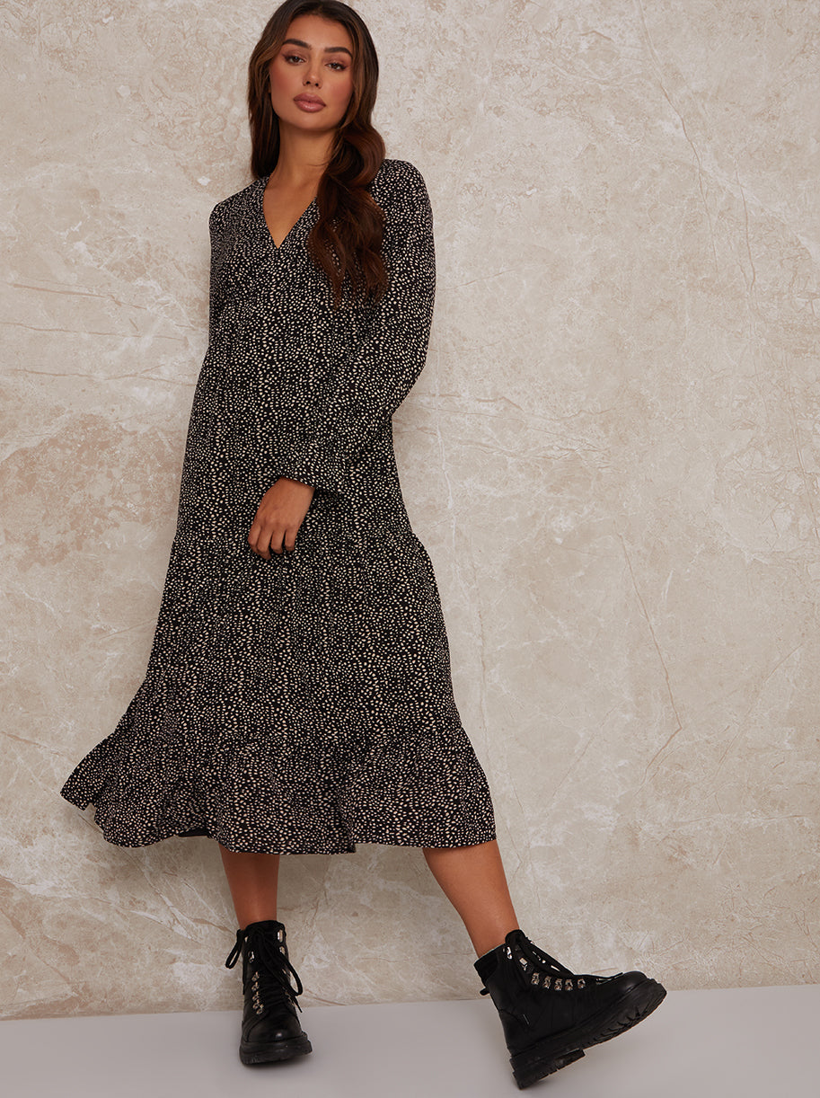 Long Sleeve V Neck Animal Print Midi Dress