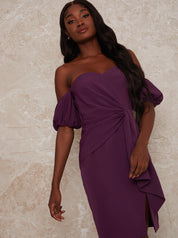Puff Sleeve Bardot Tie Detail Mini Dress in Purple
