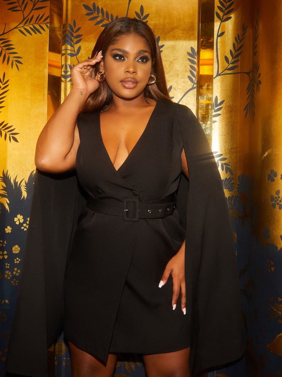 Plus Size Blazer Dress with Cape Detail in Black