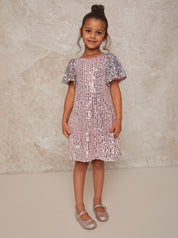 Girls Short Sleeve Sequin Midi Dress in Pink
