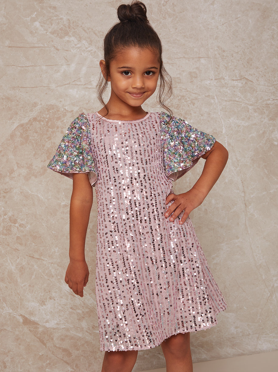 Girls Short Sleeve Sequin Midi Dress in Pink