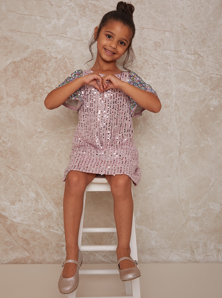 Girls Short Sleeve Sequin Midi Dress in Pink