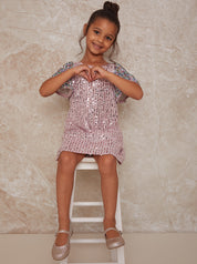 Girls Short Sleeve Sequin Midi Dress in Pink