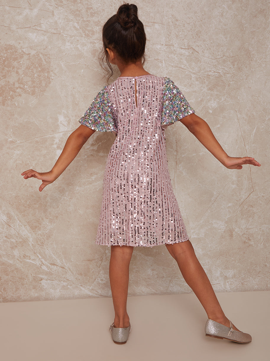 Girls Short Sleeve Sequin Midi Dress in Pink