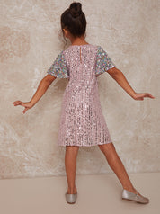 Girls Short Sleeve Sequin Midi Dress in Pink
