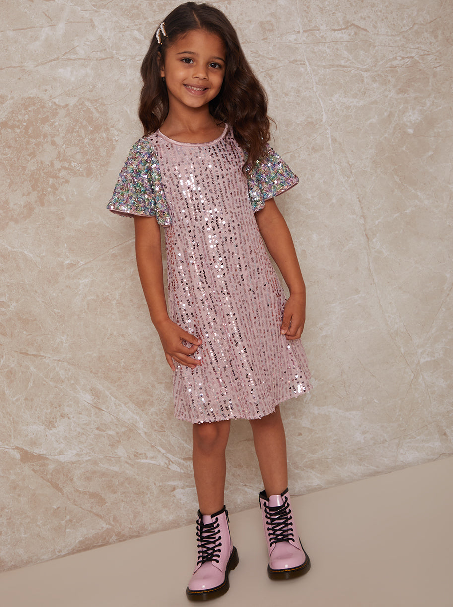 Girls Short Sleeve Sequin Midi Dress in Pink
