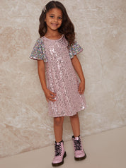 Girls Short Sleeve Sequin Midi Dress in Pink